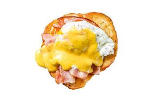Breakfast Burger with bacon, egg Benedict, hollandaise sauce on brioche bun. Garnish with arugula salad. Isolated on white background. photo