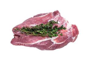 Raw pork shoulder meat on a butcher table. High quality Isolate, white background. photo
