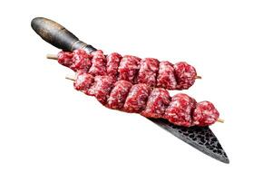 Raw kofta, kofte kebab Skewers with beef and lamb meat and spices. Isolated, white background. photo