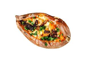 Baked sweet potato stuffed with cheese and bacon. Isolated on white background. Top view. photo