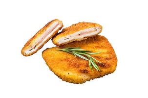 Schnitzel Cordon bleu fillet cutlet with ham and cheese. Isolated on white background. photo