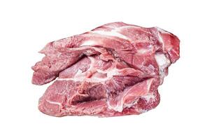 Raw piece of pork shoulder meat with spices Isolated on white background, top view. photo