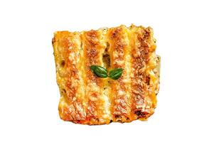 Italian homemade pasta cannelloni with beef and tomato sauce. Isolated on white background. Top view. photo
