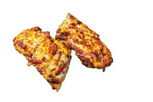Hot baked open Baguette sandwich with ham, bacon, vegetables and cheese. High quality Isolate, white background. photo
