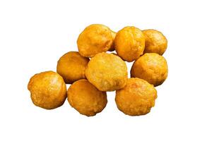 Creamy Mashed Potato Croquettes with Cheese served on a marble board. Isolated on white background. photo
