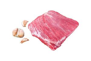Raw flank or flap beef meat steak Isolated on white background, top view. photo