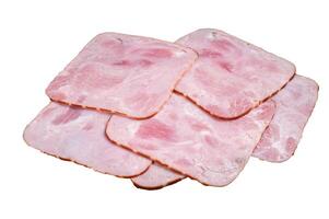 Square Slices of pork ham on wooden table. Isolated on white background photo