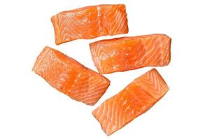 Fresh Raw salmon fish fillet steaks Isolated on white background, top view. photo