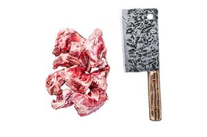 Raw lamb meat stew cuts with bone Isolated on white background, top view. photo