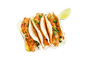 Traditional Mexican tacos with meat and vegetables. Isolated on white background. Top view. photo