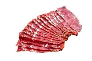 Sliced Turkish bacon Pastrami, roasted beef meat. Isolated on white background, top view. photo