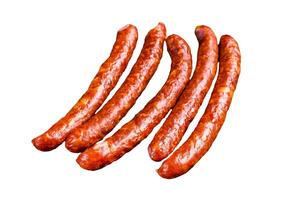 Hot Smoked sausages with addition of fresh aromatic herbs and spices. Isolated on white background, Top view. photo