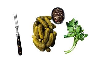 Gherkin Pickled cucumbers with garlic and spices. Isolated on white background. photo