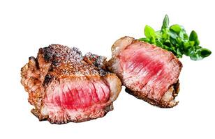 Grilled rump marble Beef steak. Isolated on white background. Top view. photo