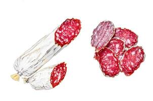 Italian sliced salami on a plate with rosemary and thyme. Isolated on white background, top view. photo