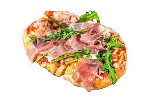 Sliced pizza with prosciutto parma ham, arugula and parmesan cheese Isolated on white background, top view. photo