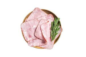 Square Sliced pork meat ham on plate. Isolated on white background. photo