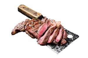 Sliced grilled Lamb fillet steak, mutton meat from leg. Isolated, white background. photo