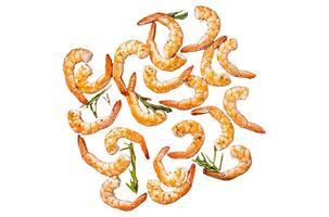 Prawns Shrimps roasted on pan with lemon and garlic. Isolated on white background, top view. photo