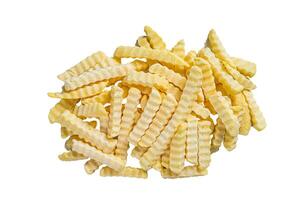 Frozen Crinkle French fries potatoes sticks. Isolated on white background. photo