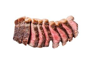 Grilled top sirloin cap or picanha steak on a meat cleaver with herbs. Isolated on white background. Top view. photo