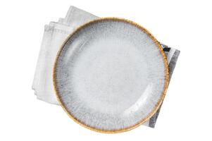 Table setting with vintage empty white plate on rustic wood. Isolated, white background. photo