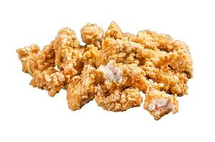 Crispy Fried breadcrumb covered chicken popcorn with ketchup. Isolated, white background. photo