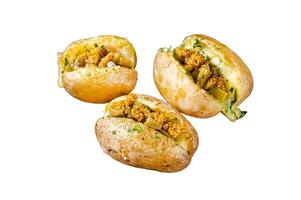 Turkish Kumpir, baked potatoes stuffed with cheese, bacon, salty cucumber, herbs and butter. Isolated, white background. photo