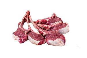 Raw lamb, mutton chops steaks Isolated on white background, top view. photo