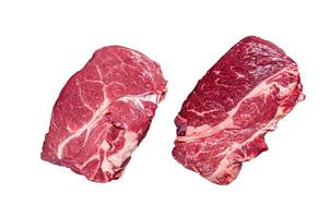 Raw Chuck eye roll beef steak on butcher table. Isolated on white background. photo