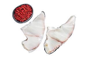 Raw Shark fish steaks Isolated on white background, top view. photo