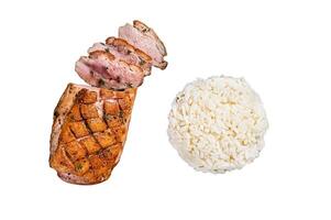 Roasted Duck breast steak, poultry fillet meat with sauce and rice. Isolated on white background, top view. photo