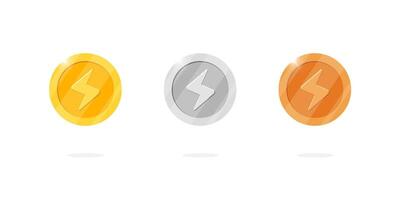 Gaming coin set monetary design element. Gold, silver, bronze ranking medal coins with lightning bolt icon. Ideal for game UI or app animation. Casino reward and cash treasure concept vector
