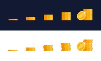 Towering stacks of golden coins in assorted sizes. Graphic assets created for games, representing currency, treasures, or achievements within the game. Perfect for enriching interactive designs vector