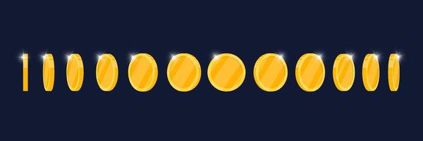 Gold coin turnaround, rotation at different angles for videogame app animation. Blank casino coin turnover. Achievement symbol rotating in different positions. Flat 3d metal money different directions vector