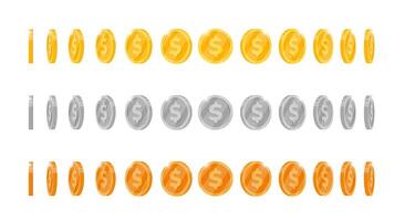 Gold, silver and bronze coin animation showcasing rotation at diverse angles for app or game. Blank casino coin spinning. Rotating achievement icon in flat 3D metal design viewed various perspectives vector