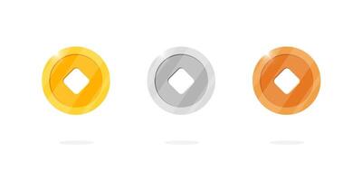 Ancient Chinese gold coins with square holes symbolizing luck and fortune. Asian inspired set with gold, silver and bronze variations. Lunar New Year cartoon icons. Treasure theme or game animation vector