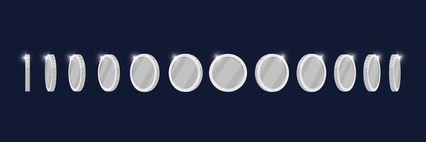 Spinning silver coin at various angles for game or app animation design. Blank casino token in rotation. Achievement icon turning in multiple positions. Flat 3D metallic currency in motion vector