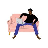 Young African American Man Sitting On Sofa with Laptop, Guy Working or Relaxing at Home Using Computer Illustration vector