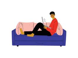 Guy Sitting On Sofa with Laptop, Young Man Working or Relaxing at Home Using Computer Illustration vector