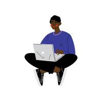 Young African American Man Sitting on Floor with Laptop, Guy Working or Relaxing Using Computer Illustration vector