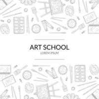 Art School Banner Template with Place for Text and Artistic Materials Hand Drawn Seamless Pattern Monochrome Illustration vector