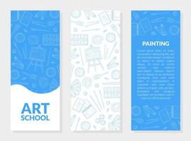 Art School Banner Templates Set with Place for Text and Artistic Materials Hand Drawn Seamless Pattern Illustration vector