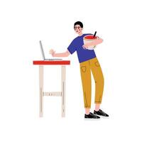 Young Man Cooking in Kitchen Using Laptop Computer Illustration vector