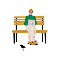 Young Man Sitting on Bench with Laptop, Guy Working or Relaxing at Park Using Computer, Freelance or Social Network Concept Illustration vector