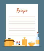 Recipe Cookbook Decorated with Kitchen Tools, Card with Lines for Recipe Placement Illustration vector