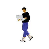 Young Man Walking with Laptop, Guy Working or Relaxing Using Computer, Freelance or Social Network Concept Illustration vector