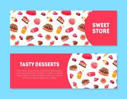 Sweet Store, Tasty Desserts Banner Templates Set with Sweets Pattern and Place for Text, Candy Shop, Cafe, Confectionery, Bakery Design Element Illustration. vector