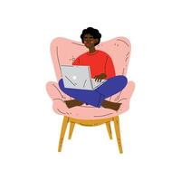 Young African American Woman Sitting in Armchair Using Laptop Computer, Girl Working or Relaxing at Home Using Computer Illustration vector