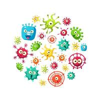 Bacteria Banner Template with Cute Colorful Microorganisms Pattern in Circular Shape, Probiotics, Medicine or Dietary Supplements for Gastrointestinal Health Illustration vector